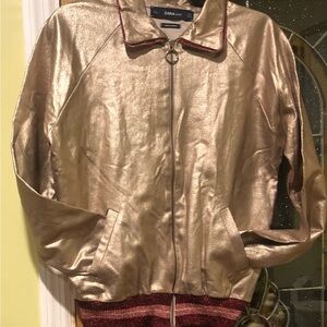 Gold Metallic Zara Bomber Jacket. Front Zipper. Side pockets.